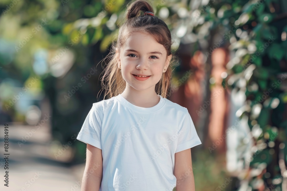 t shirt design concept   smiling little girl in blank white t shirt