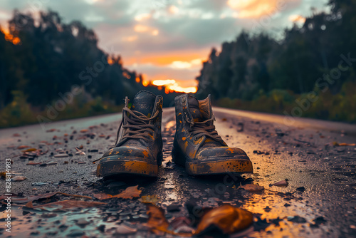 Pair of old shoes abandoned on a road