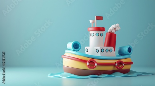 Colorful toy boat against a light blue background, perfect for children's toys, nautical decor, or playful designs. photo