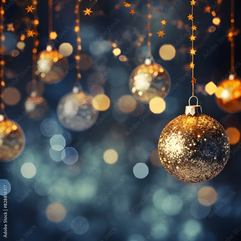 Fototapeta premium A festive background with hanging golden Christmas balls and glittering lights. Generative AI.