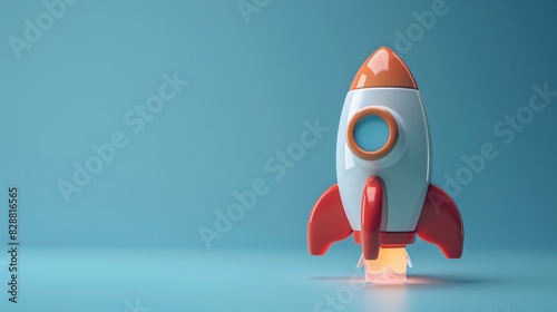 Colorful toy rocket ship launching against a blue background, representing innovation, creativity, and space exploration. photo