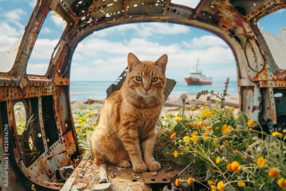 Obraz premium A ginger cat sitting inside a rusty, abandoned vehicle frame, surrounded by vibrant yellow and green wildflowers, with the ocean and a distant ship in the background under a blue sky.