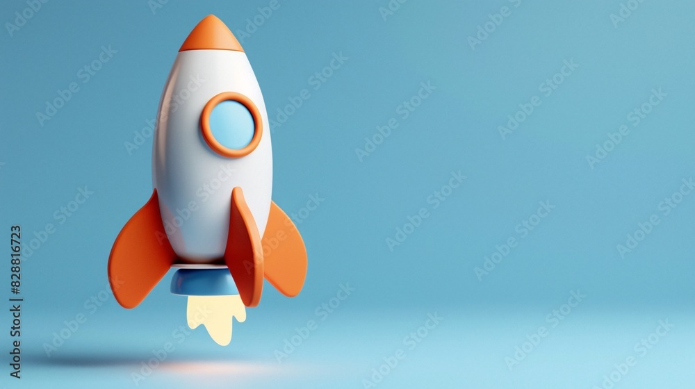 Colorful toy rocket ship taking off against a blue background, representing creativity, exploration, and innovation. Colorful toy rocket ship taking off against a blue background, representing creativity, exploration, and innovation.