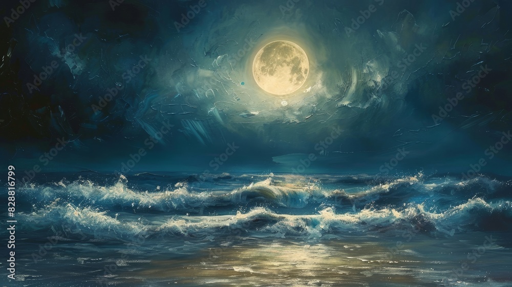 full moon on sea to night illustration
