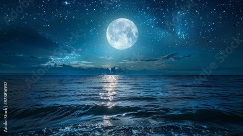 Serene Moonlit Night  Full Moon over Calm Sea with Star-Filled Sky