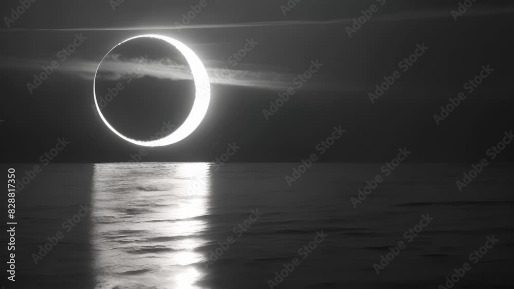 The moons shadow creating a stunning contrast on the bright surface of a lake reflecting the suns corona during a total solar eclipse.