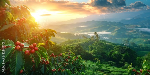 A luscious coffee plantation bathed in sunrise light  depicting the beginning of a new day and agricultural growth