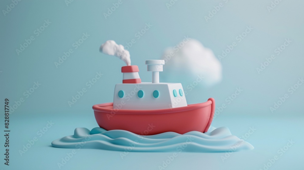 Cute toy boat with red and white colors on blue waves against a light blue background, creating a playful and whimsical scene.