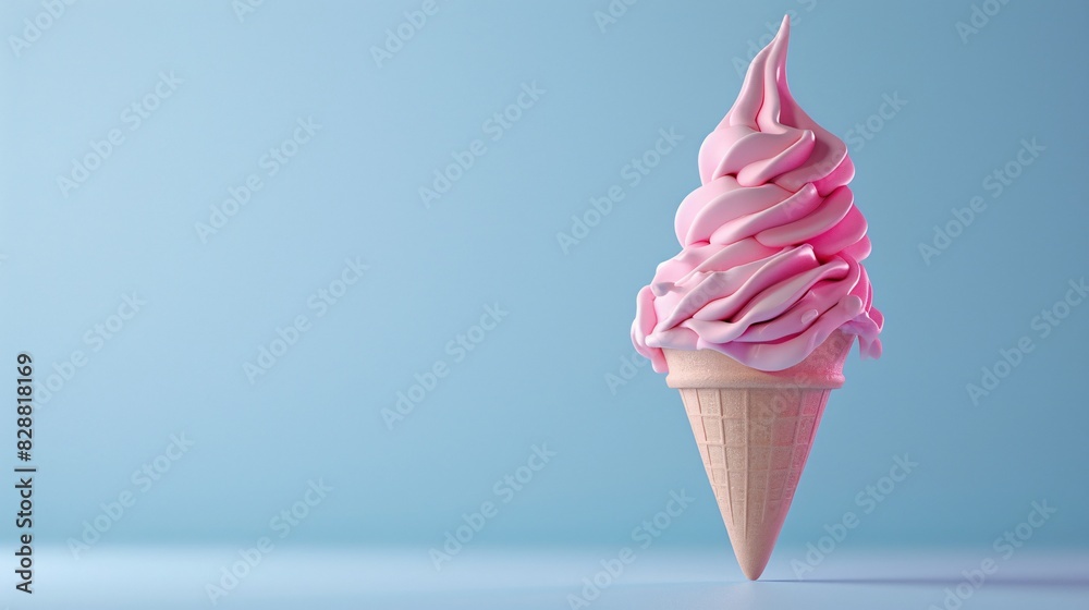Delicious pink soft-serve ice cream in a cone against a light blue background. Perfect summer dessert, isolated and appetizing. Delicious pink soft-serve ice cream in a cone against a light blue background. Perfect summer dessert, isolated and appetizing.