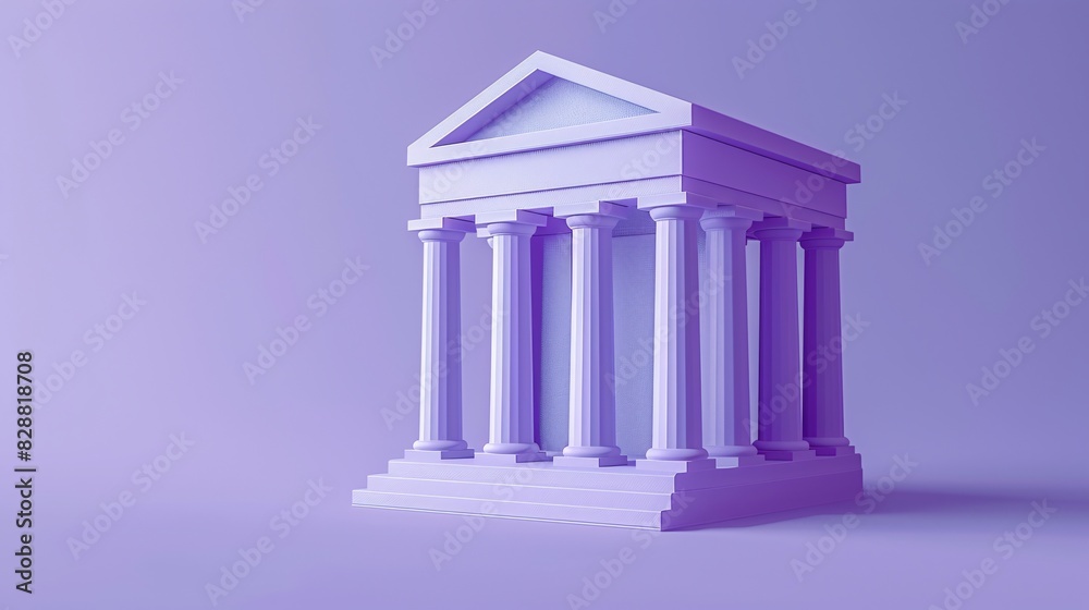 Fototapeta premium Digital 3D rendering of a classic Greek-style temple with columns in a monochromatic purple color scheme, isolated on a matching background.