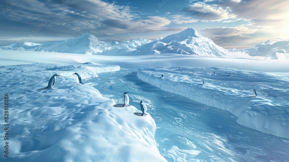 Penguins on icy terrain with snowy mountains and clouds in the background, showcasing the beauty of Antarctic wildlife and pristine nature.