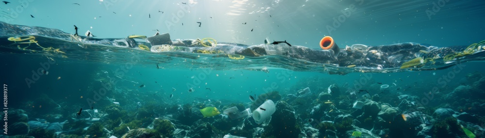 Fototapeta premium Underwater view showing ocean pollution with floating plastic waste, highlighting the critical environmental issue of marine debris.