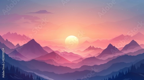 Stunning digital art of a sunrise over misty mountain range. Perfect for backgrounds  wallpapers  and nature-inspired designs.