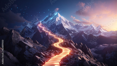 mountain peak with a glowing path photo