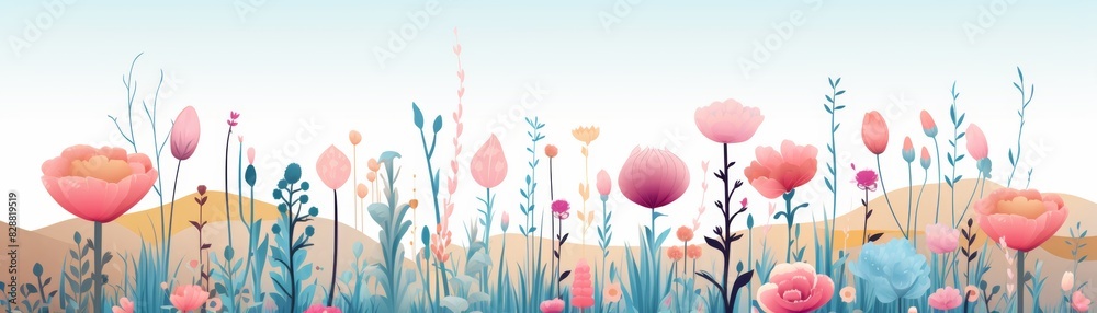 Vibrant watercolor illustration of a whimsical flower field against a clear sky, showcasing diverse blooms in pastel shades, perfect for nature-themed designs.