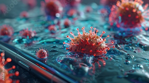 Macro image of viruses and bacteria on surface of a mobile phone. Hygiene, health hazard, technology