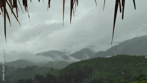 Landscape Soft Raning with Green Nature mountain and Fog cover the mountain at Sapan Village Bo Kluea Nan Thailand in Rainy Season - abstract background - Beautiful natural - Calm vibe footage 4K photo