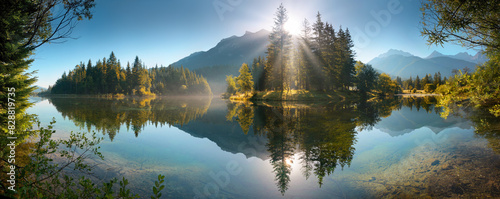 Painterly lake scenery with mountains and trees reflected in the water. An idyllic panoramic landscape with beautiful sun rays 