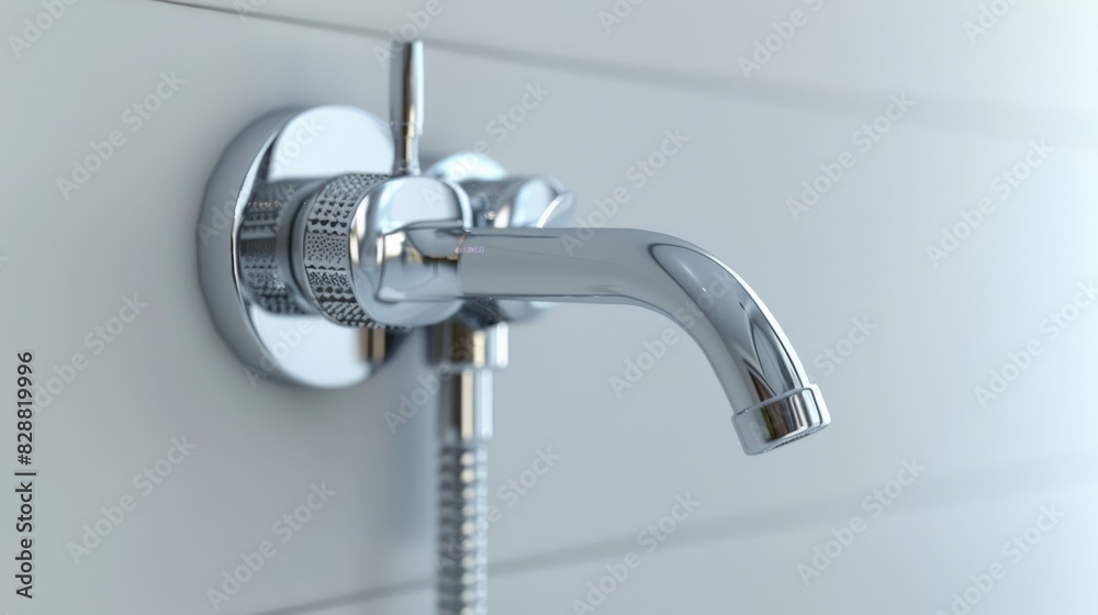 Sleek chrome shower mixer with a minimalist design, isolated on a white studio background Sleek chrome shower mixer with a minimalist design, isolated on a white studio background