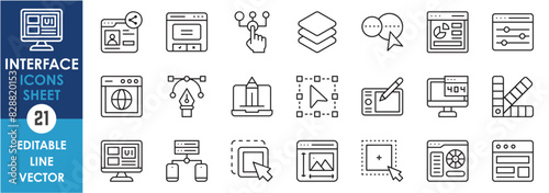 A set of line icons related to interface. Digital interface, ui, ux, design, website, creativity and so on. Vector outline icons set.