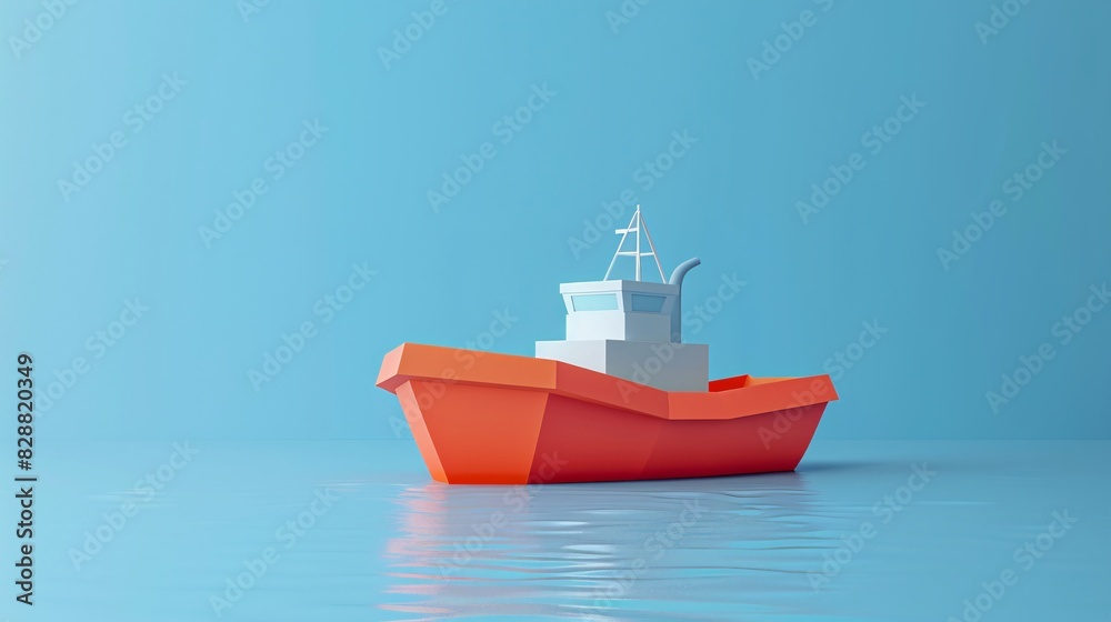 Minimalist illustration of an orange and white boat floating on blue water with a blue sky background, conveying calm and tranquility. Minimalist illustration of an orange and white boat floating on blue water with a blue sky background, conveying calm and tranquility.