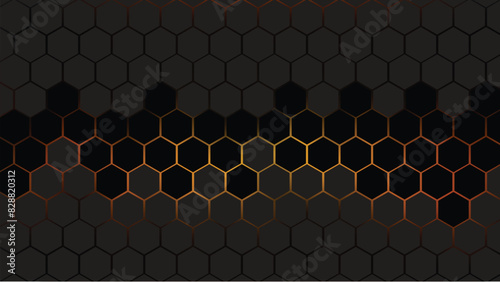 Dark black hexagon pattern on yellow orange neon abstract background in technology style. Modern futuristic geometric shape web banner design. You can use for cover template, poster