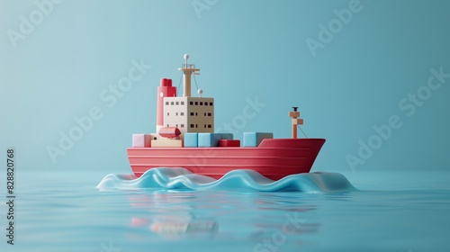 Minimalist red cargo ship model in calm blue sea, representing maritime transport and global trade in a serene setting.