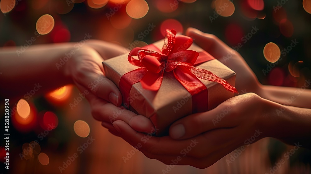 Close-up of hands exchanging a beautifully wrapped gift with a red ribbon, conveying warmth and joy during the holiday season.
