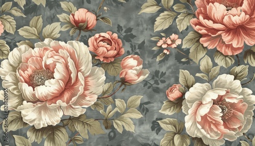 Illustration seamless boho floral pattern with pink peony flowers. Retro collage pattern. Contemporary print for wedding stationary, greetings, wallpapers, fashion, backgrounds, textures