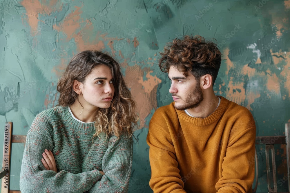 couple man and woman with arms crossed during conflict, looking angry, mad at each other  and grumpy on turquoise wall background. Relationship family therapy. Conflict Resolution Tips for Couples. 