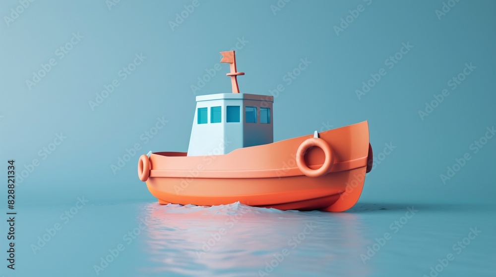 Fototapeta premium Minimalistic illustration of an orange and blue toy boat floating on water, set against a soft blue background. Perfect for kid's decor.