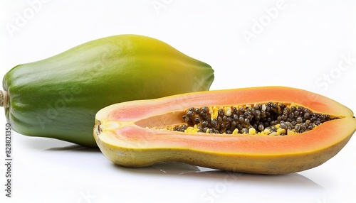 papaya - Carica papaya - isolated on a white background. an edible fruit that are variously yellow, orange, red, or green with Longitudinal section of fruit showing orange flesh and black seeds photo