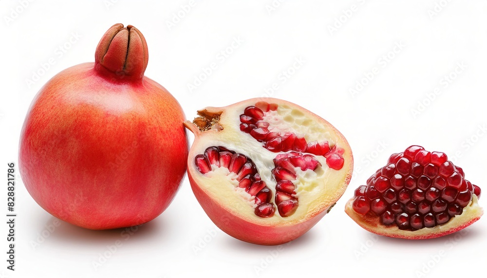 pomegranate - Punica granatum - isolated on a white background. The juicy arils of the fruit are eaten fresh, and the juice is the source of grenadine syrup, used in flavorings and liqueurs pomegranate - Punica granatum - isolated on a white background. The juicy arils of the fruit are eaten fresh, and the juice is the source of grenadine syrup, used in flavorings and liqueurs