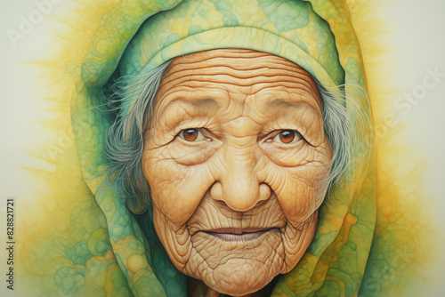 Elderly wise woman portrait. Painting style illustration portrait. photo