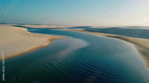 Lencois Maranhenses National Park. A dazzling landscape of dunes and rain lakes. Natural rainwater pool in white sand desert. Nature and travel concept.