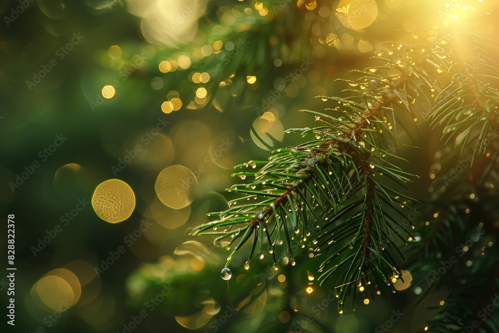 Closeup pine branch with water droplets in sunshine, bokeh on background Closeup pine branch with water droplets in sunshine, bokeh on background