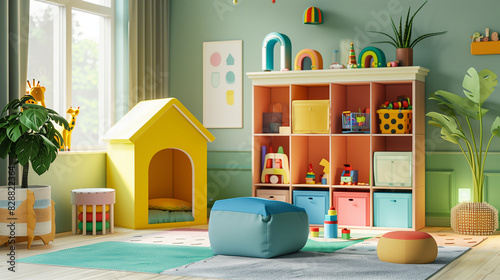 Perspective view of a vibrant children's playroom with colorful furniture, a playhouse, and toy storage , room interior