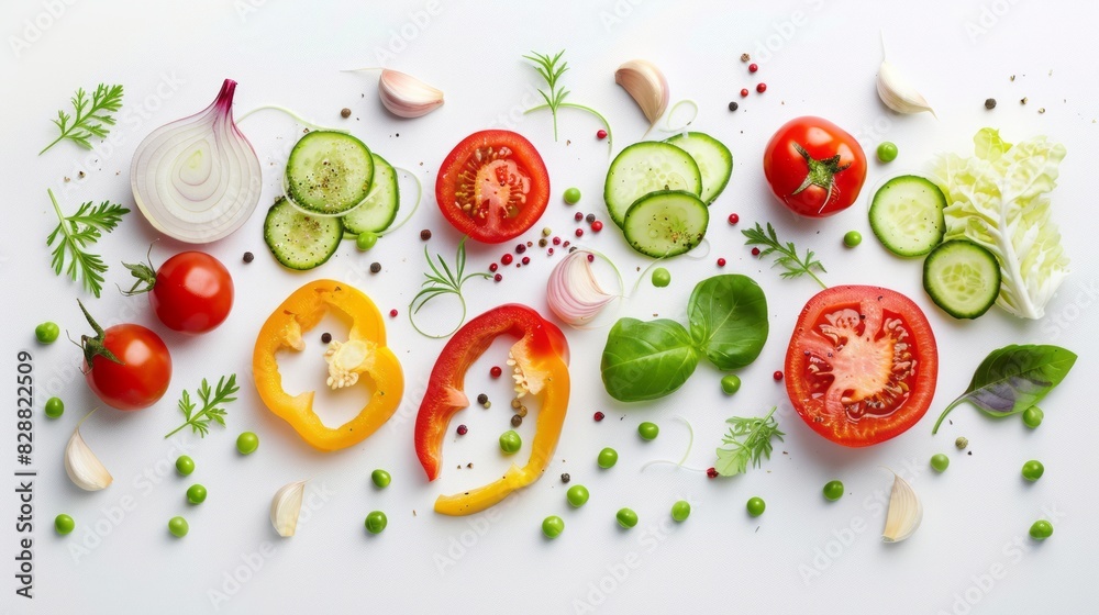 Vibrant summer vegetable medley: fresh tomatoes, onion, cucumber, peas, garlic, cabbage, peppers, and radish arranged artfully on white background - food concept