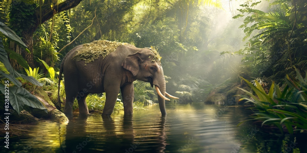 Fototapeta premium An enchanting image of a majestic elephant surrounded by the verdant foliage of a sunlit jungle, reflecting tranquility and the beauty of wildlife