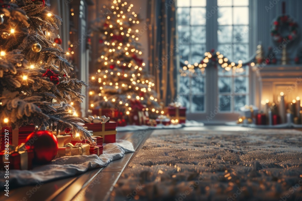 Christmas Scene in Living Room with Tree and Fireplace