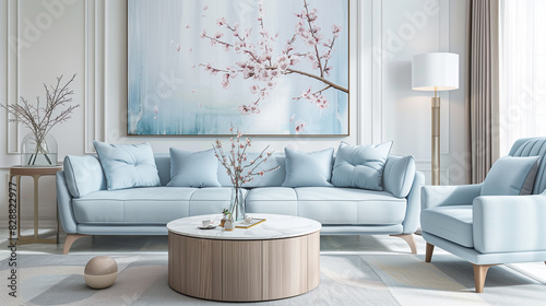 Stylish Living Room with Light Blue Furniture and Cherry Blossom Art