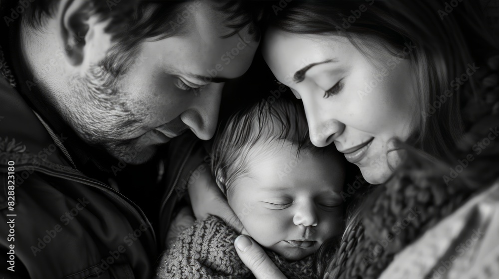 A black and white photo of a couple with a baby. A black and white photo of a couple with a baby.