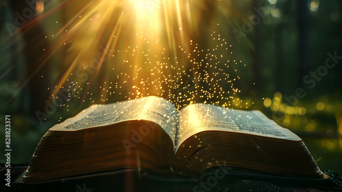 Wallpaper Mural Open book in forest with magical light. spiritual enlightenment, nature, book, sunlight, forest scene, forest magic, book with light Torontodigital.ca