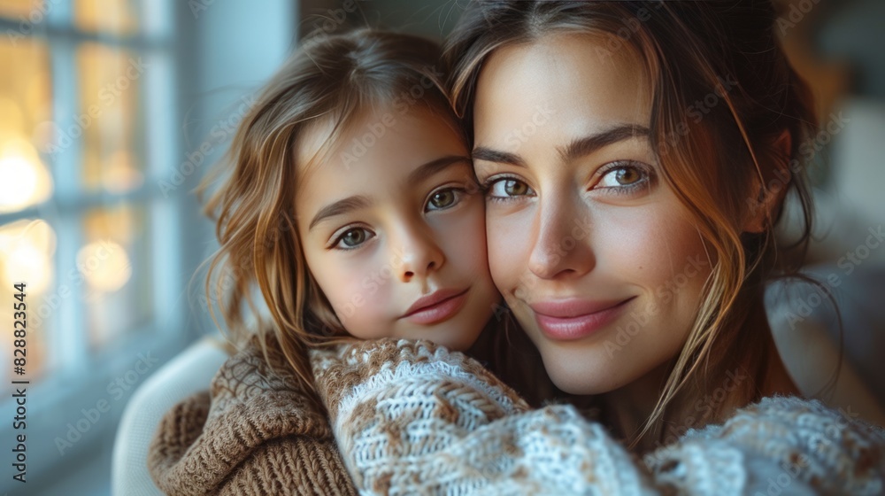 A mother and daughter hugging each other. A mother and daughter hugging each other.