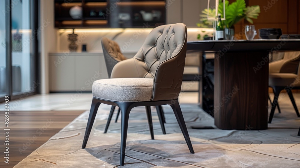 Stylish dining chair with a padded seat and backrest in a dining room Stylish dining chair with a padded seat and backrest in a dining room
