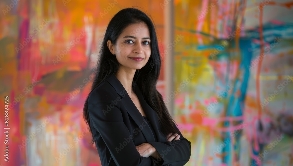 Indian business woman in her late thirties, with long dark hair and fair skin tone wearing a black suit young woman stands confidently with her arms crossed and a beaming smile on her face.