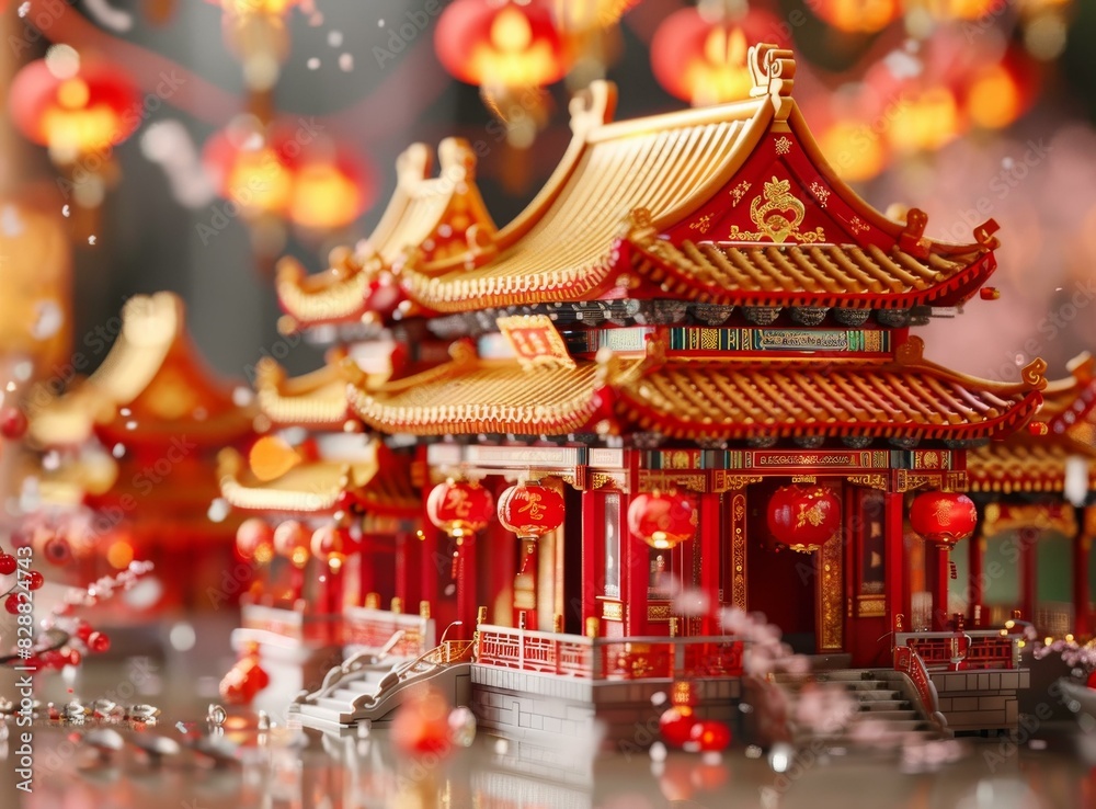 3D Illustration of Chinese Temple with Spring Festival Elements 3D Illustration of Chinese Temple with Spring Festival Elements