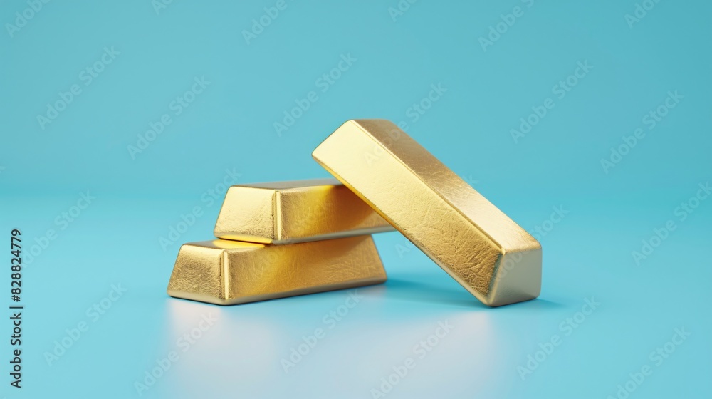 Stack of three shiny gold bars on a light blue background symbolizing wealth, investment, and luxury. Perfect for financial themes. Stack of three shiny gold bars on a light blue background symbolizing wealth, investment, and luxury. Perfect for financial themes.