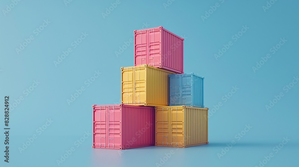 Stacked colorful shipping containers against a blue background, representing logistics, storage, and global trade. Modern 3D illustration. Stacked colorful shipping containers against a blue background, representing logistics, storage, and global trade. Modern 3D illustration.
