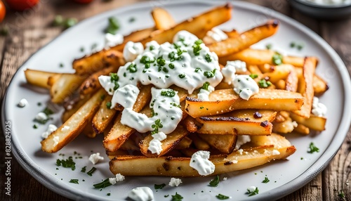 Homemade Greek Fries with Feta and Tzatziki on a Plate, side view. 